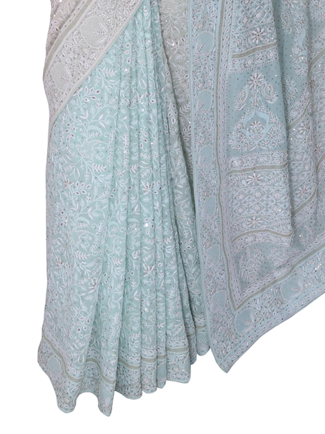 Ada Hand Embroidered Ice Blue Ombre shade Pure Georgette Lucknow Chikankari Saree/Blouse With Zari Work 01A100936