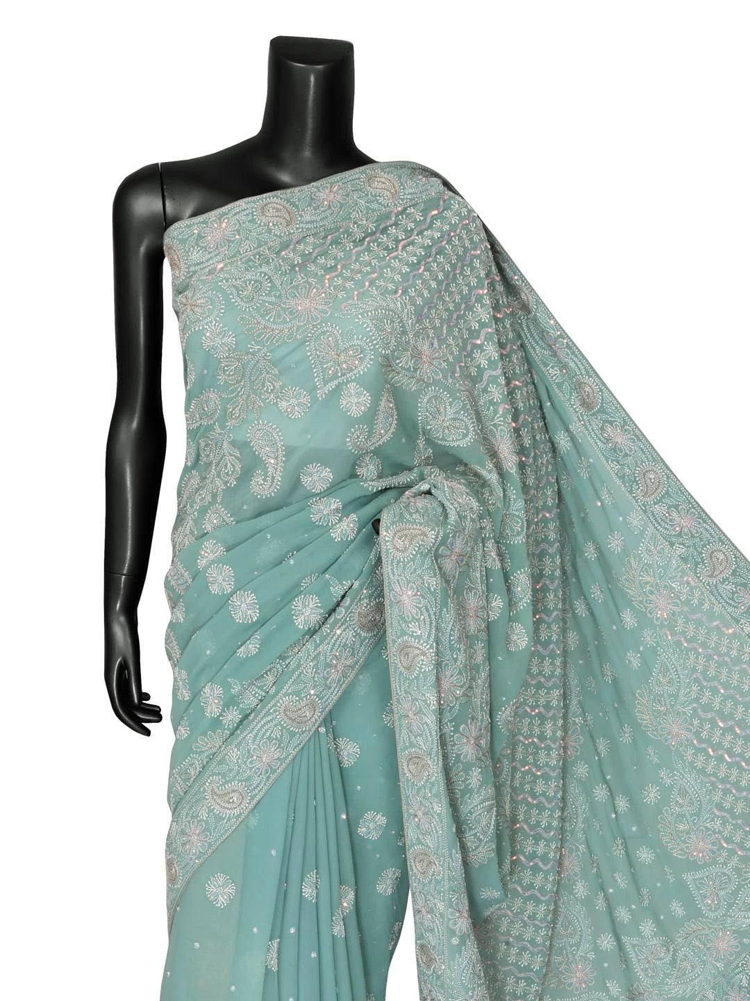 Ada Hand Embroidered Light Seafoam Green Pure Georgette Lucknowi Chikankari Saree/Blouse With Zari Work 01A230401