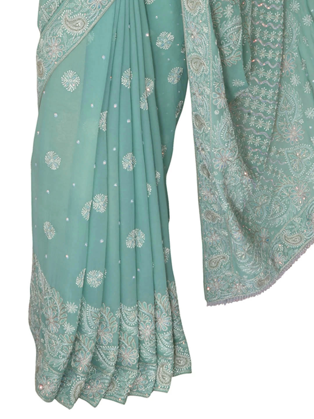 Ada Hand Embroidered Light Seafoam Green Pure Georgette Lucknowi Chikankari Saree/Blouse With Zari Work 01A230401