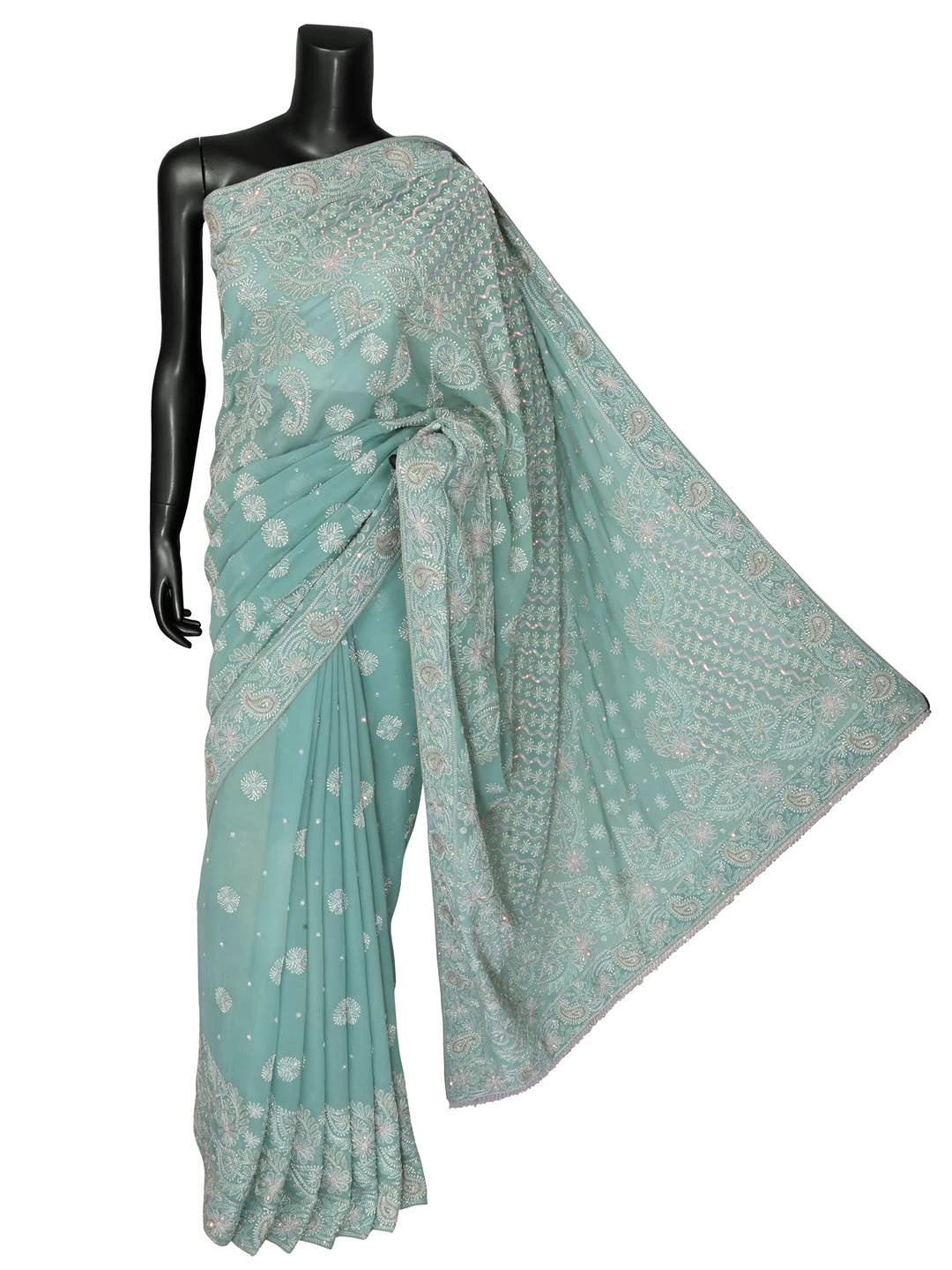 Ada Hand Embroidered Light Seafoam Green Pure Georgette Lucknowi Chikankari Saree/Blouse With Zari Work 01A230401