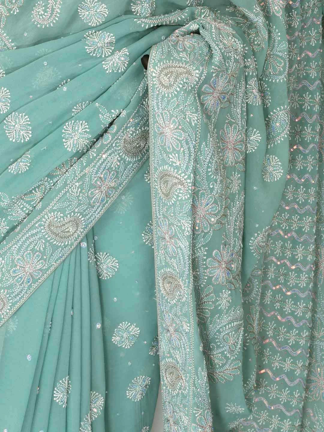 Ada Hand Embroidered Light Seafoam Green Pure Georgette Lucknowi Chikankari Saree/Blouse With Zari Work 01A230401