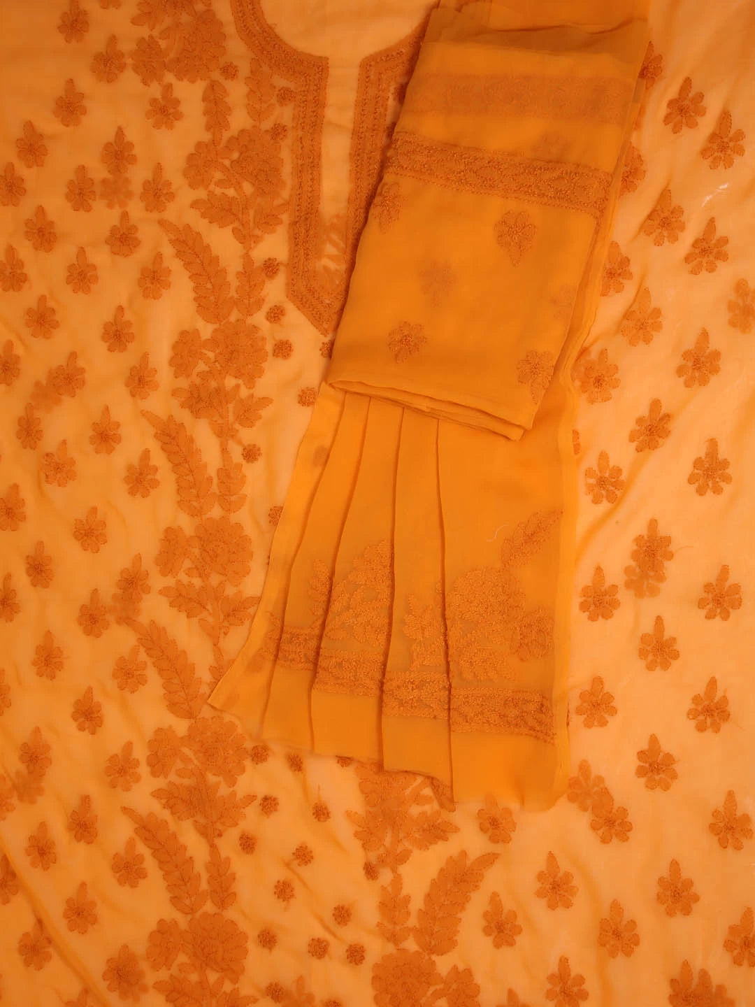 Ada Hand Embroidered Mustard Georgette Lucknowi Chikankari Unstitched Suit Piece A211264