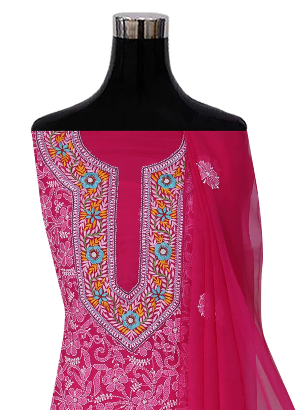 Ada Hand Embroidered Magenta Georgette Lucknowi Chikankari Unstitched Suit Piece with Parsi Work A211259