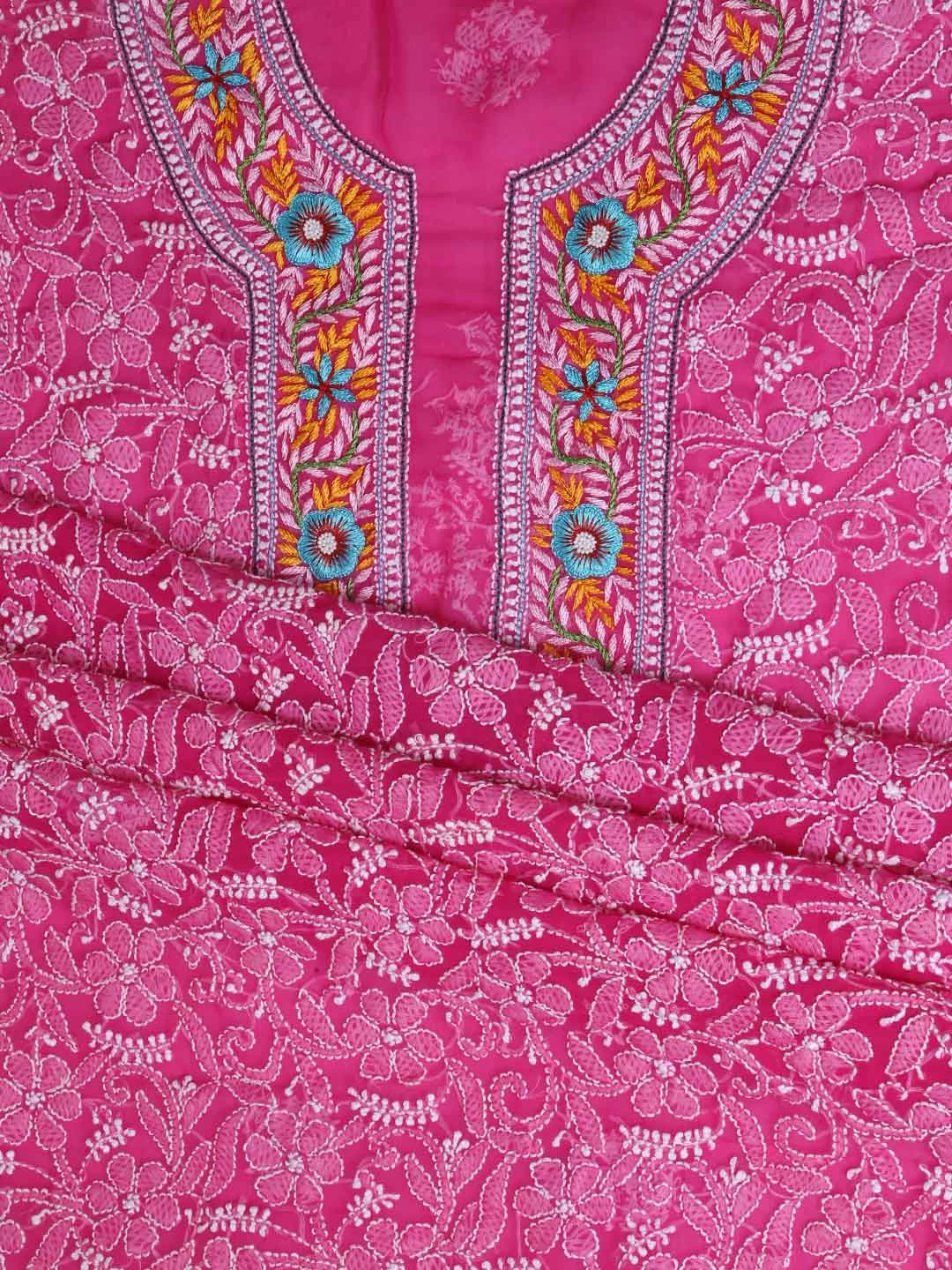 Ada Hand Embroidered Magenta Georgette Lucknowi Chikankari Unstitched Suit Piece with Parsi Work A211259