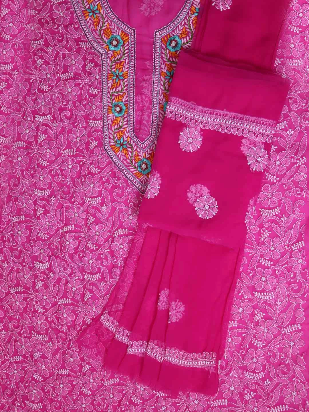 Ada Hand Embroidered Magenta Georgette Lucknowi Chikankari Unstitched Suit Piece with Parsi Work A211259