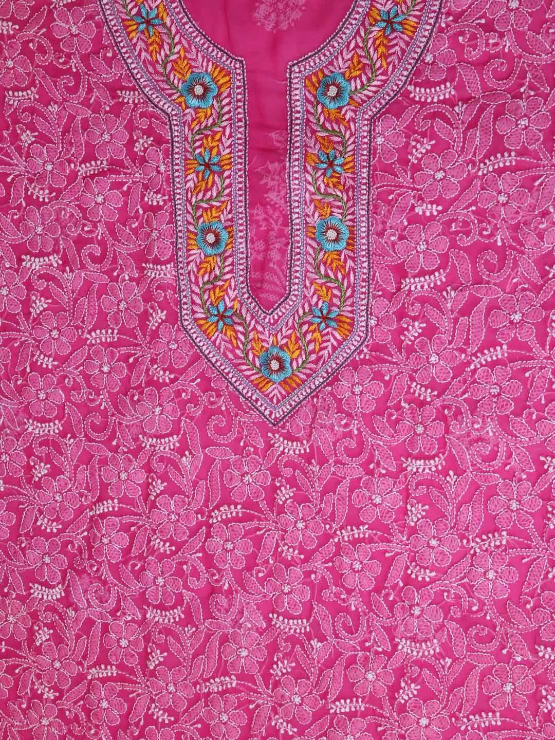 Ada Hand Embroidered Magenta Georgette Lucknowi Chikankari Unstitched Suit Piece with Parsi Work A211259