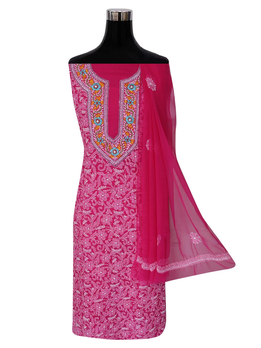 Ada Hand Embroidered Magenta Georgette Lucknowi Chikankari Unstitched Suit Piece with Parsi Work A211259