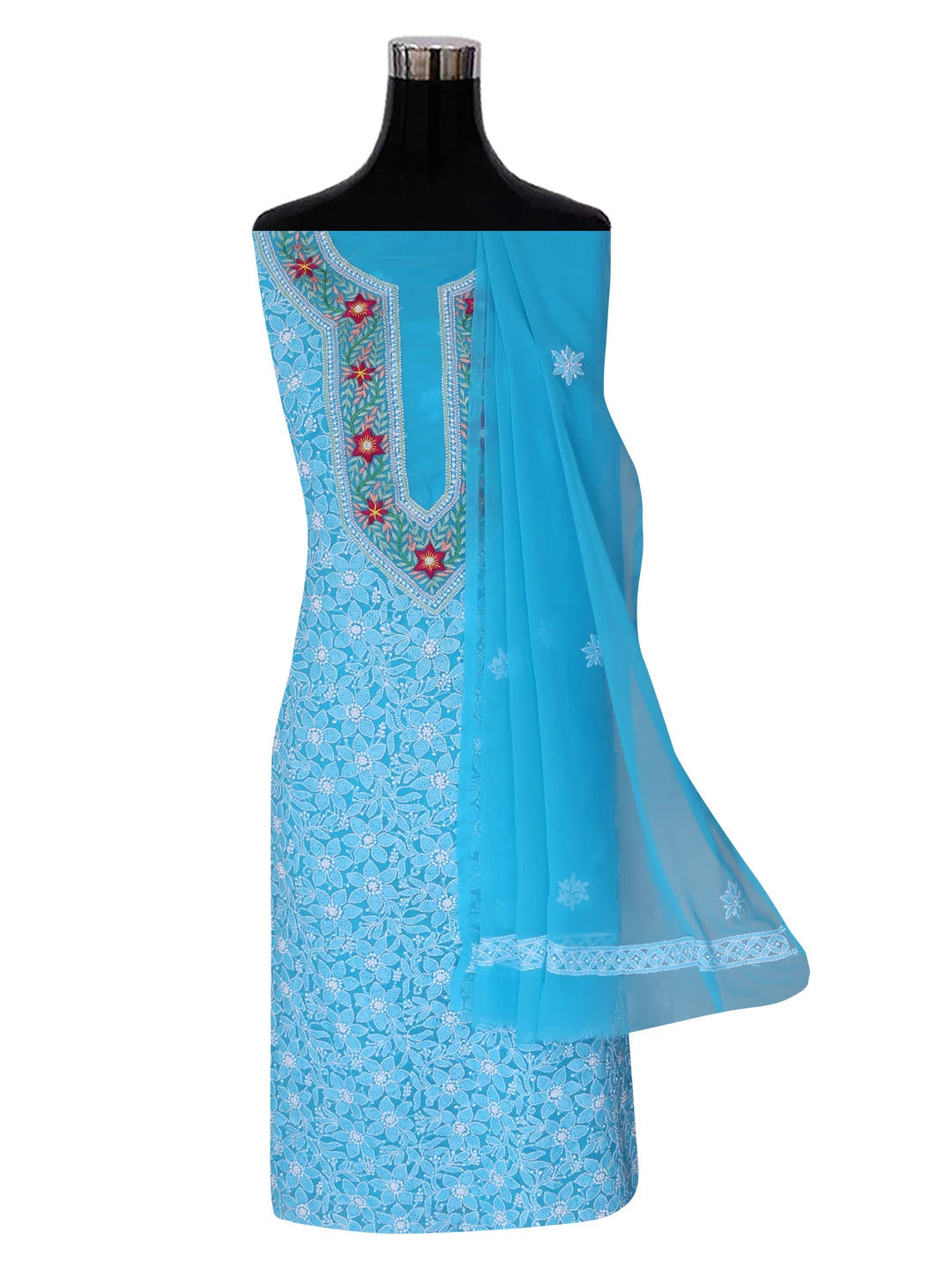 Ada Hand Embroidered Sky Blue Georgette Lucknowi Chikankari Unstitched Suit Piece with Parsi Work A211261