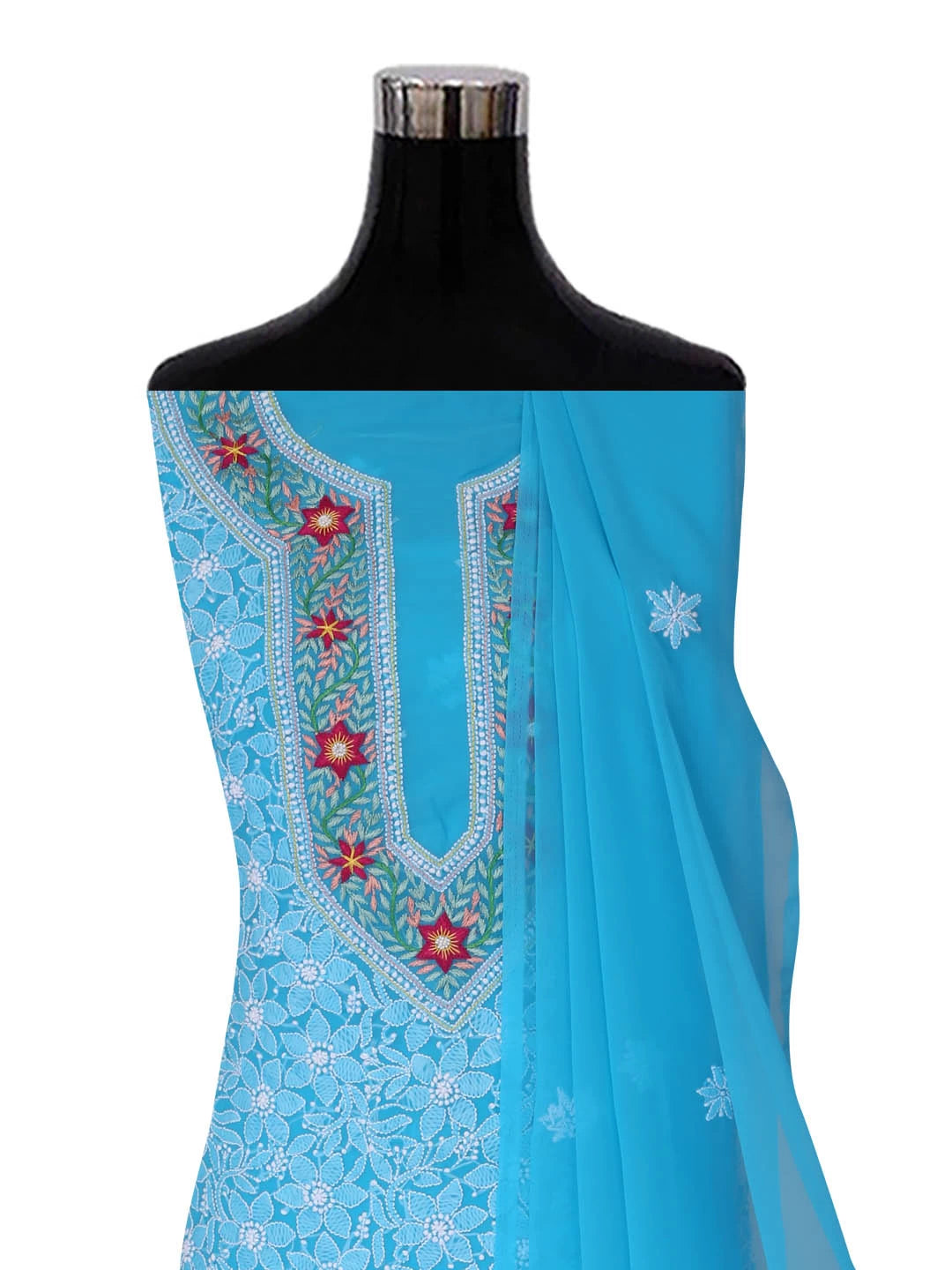 Ada Hand Embroidered Sky Blue Georgette Lucknowi Chikankari Unstitched Suit Piece with Parsi Work A211261