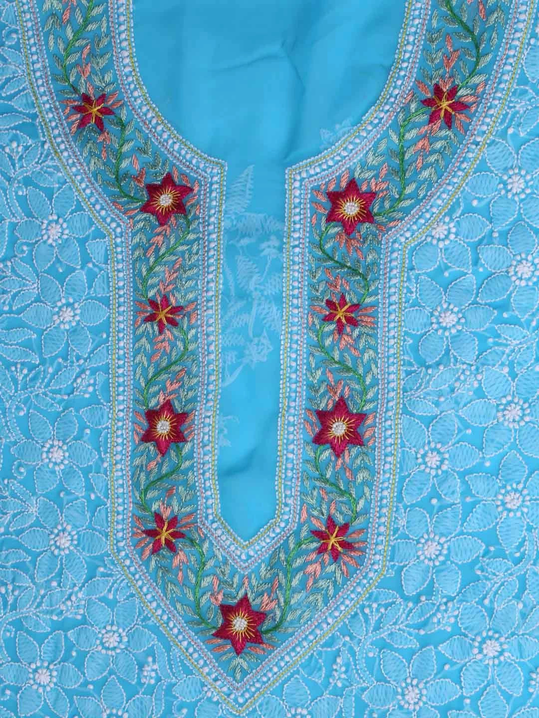 Ada Hand Embroidered Sky Blue Georgette Lucknowi Chikankari Unstitched Suit Piece with Parsi Work A211261