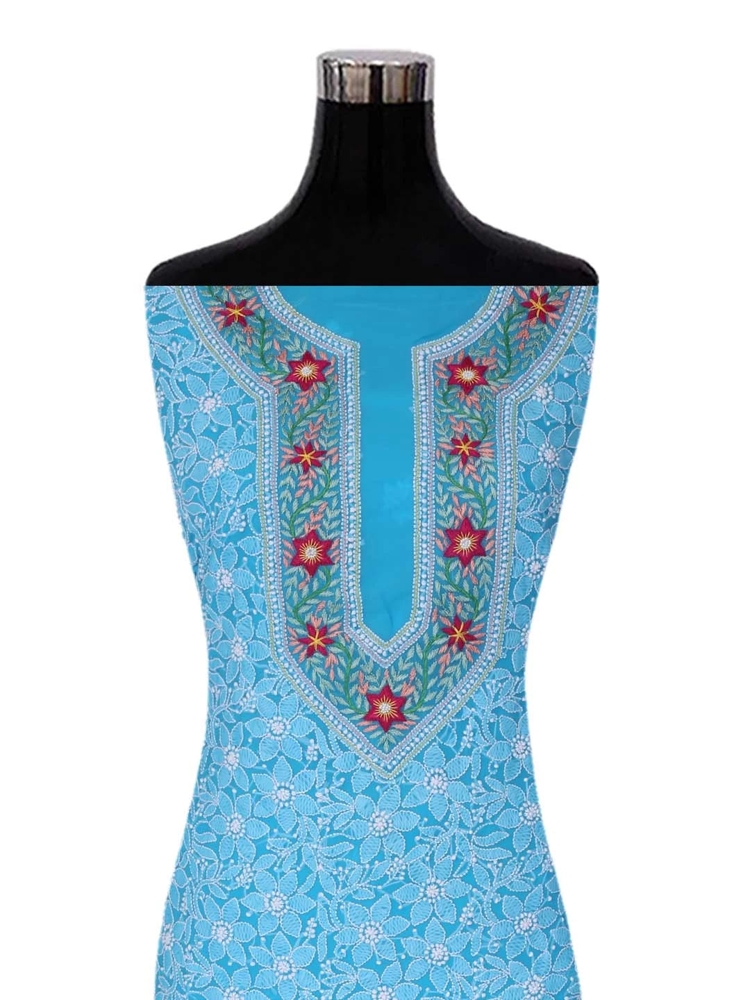 Ada Hand Embroidered Sky Blue Georgette Lucknowi Chikankari Unstitched Suit Piece with Parsi Work A211261