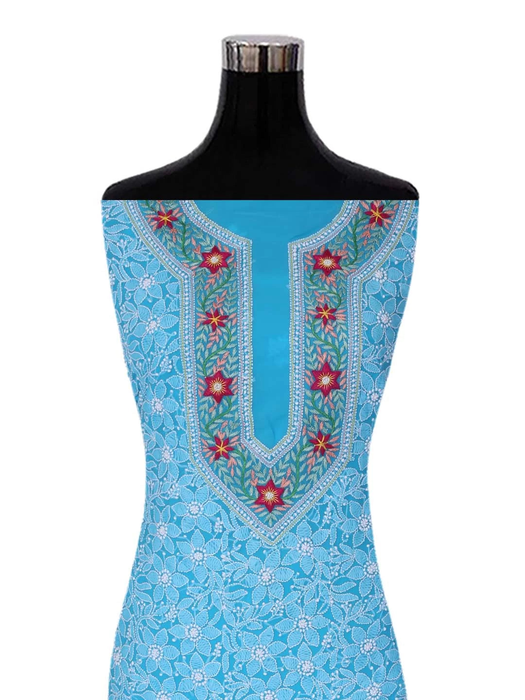 Ada Hand Embroidered Sky Blue Georgette Lucknowi Chikankari Unstitched Suit Piece with Parsi Work A211261