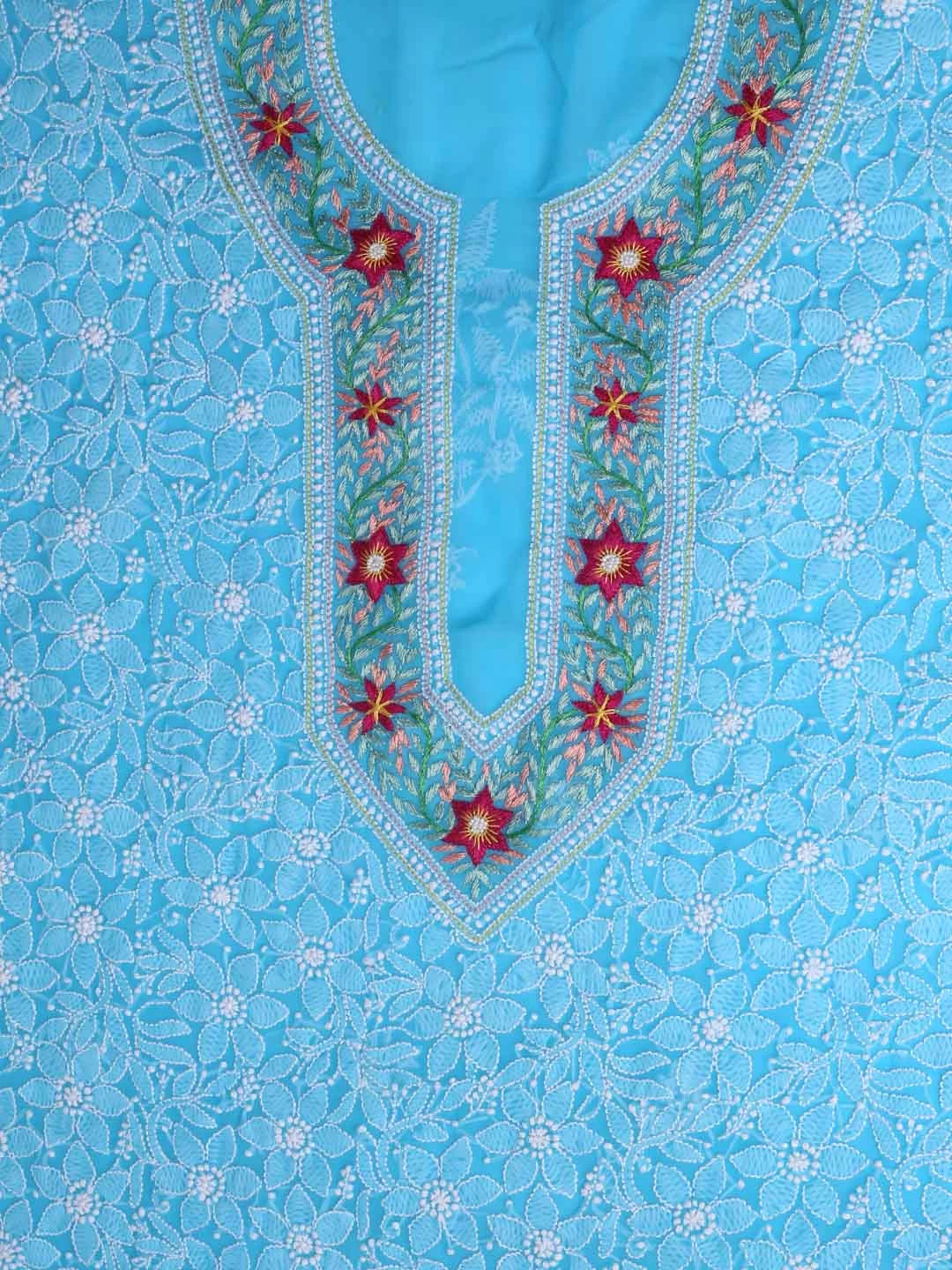 Ada Hand Embroidered Sky Blue Georgette Lucknowi Chikankari Unstitched Suit Piece with Parsi Work A211261