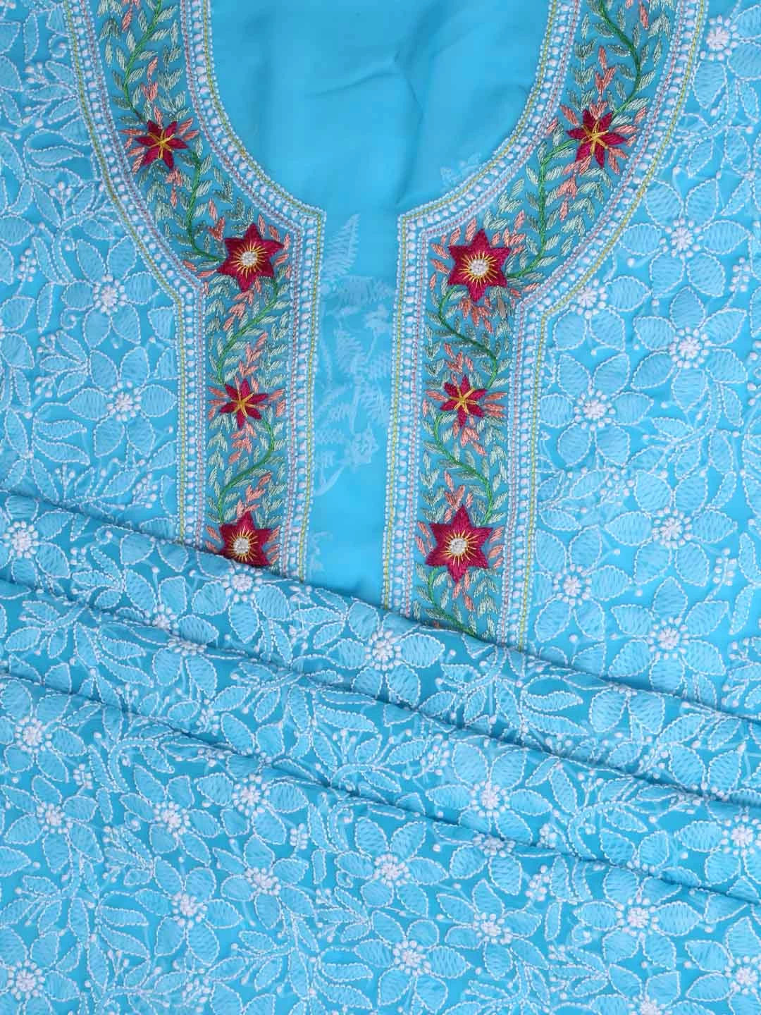 Ada Hand Embroidered Sky Blue Georgette Lucknowi Chikankari Unstitched Suit Piece with Parsi Work A211261