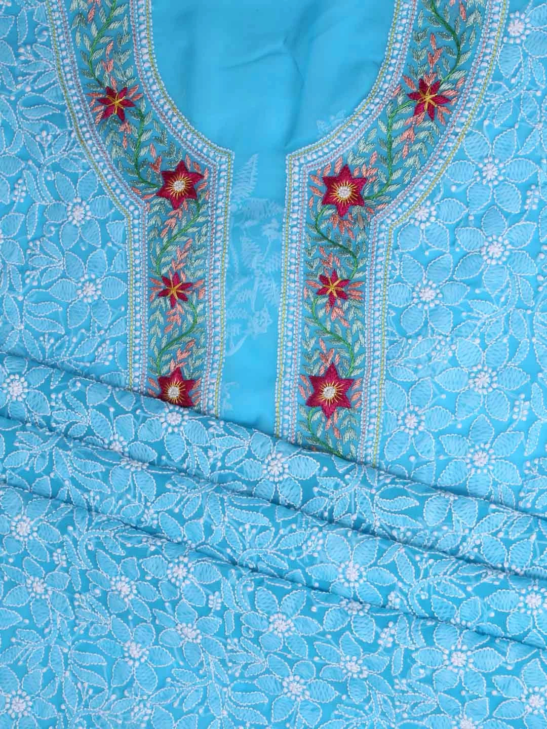 Ada Hand Embroidered Sky Blue Georgette Lucknowi Chikankari Unstitched Suit Piece with Parsi Work A211261