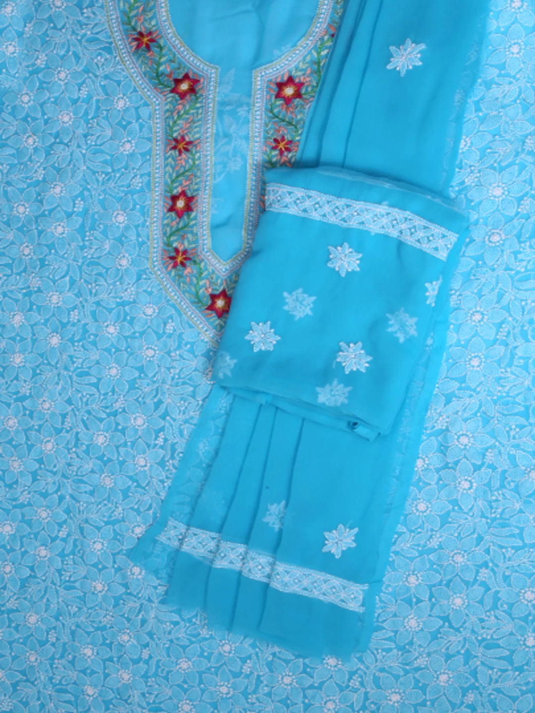 Ada Hand Embroidered Sky Blue Georgette Lucknowi Chikankari Unstitched Suit Piece with Parsi Work A211261