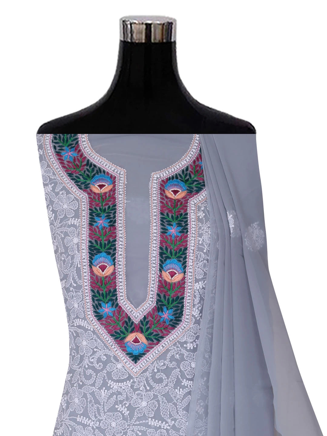 Ada Hand Embroidered Grey Georgette Lucknowi Chikankari Unstitched Suit Piece with Parsi Work A211262