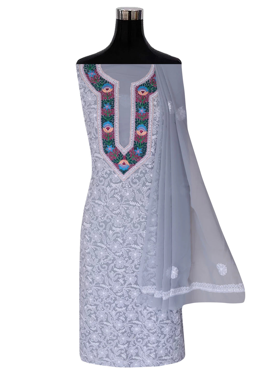 Ada Hand Embroidered Grey Georgette Lucknowi Chikankari Unstitched Suit Piece with Parsi Work A211262