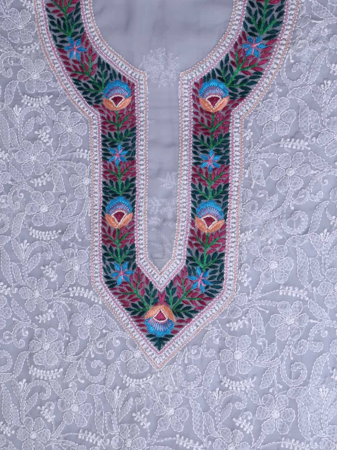 Ada Hand Embroidered Grey Georgette Lucknowi Chikankari Unstitched Suit Piece with Parsi Work A211262