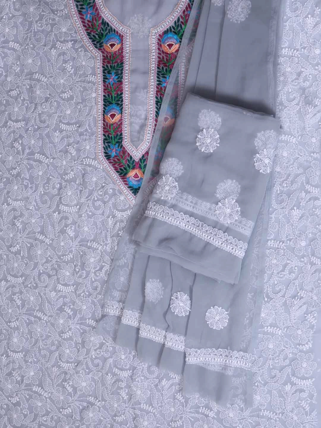 Ada Hand Embroidered Grey Georgette Lucknowi Chikankari Unstitched Suit Piece with Parsi Work A211262