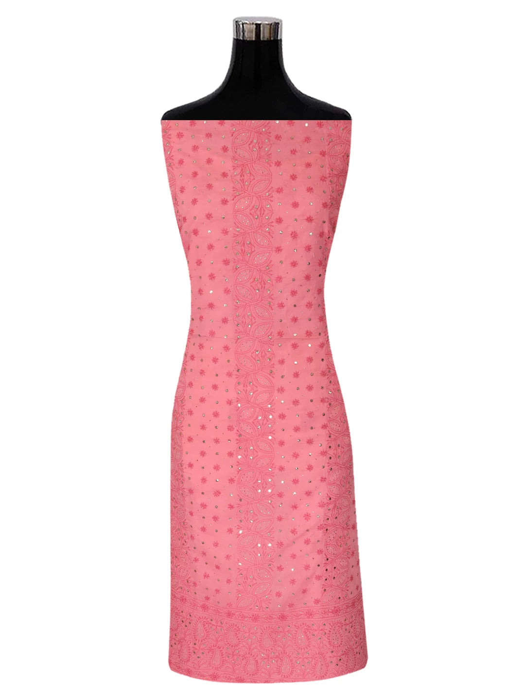 Ada Hand Embroidered Carrot Pink Cotton Lucknowi Chikankari Unstitched Kurta Piece With Muqaish Work 01A322819