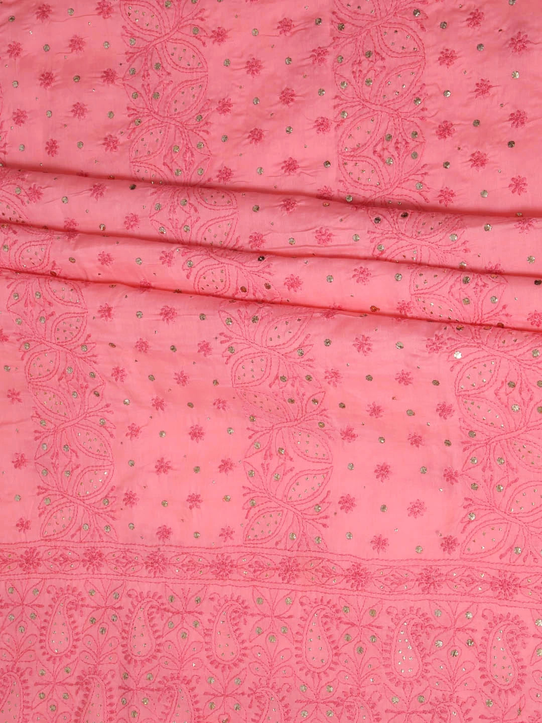 Ada Hand Embroidered Carrot Pink Cotton Lucknowi Chikankari Unstitched Kurta Piece With Muqaish Work 01A322819