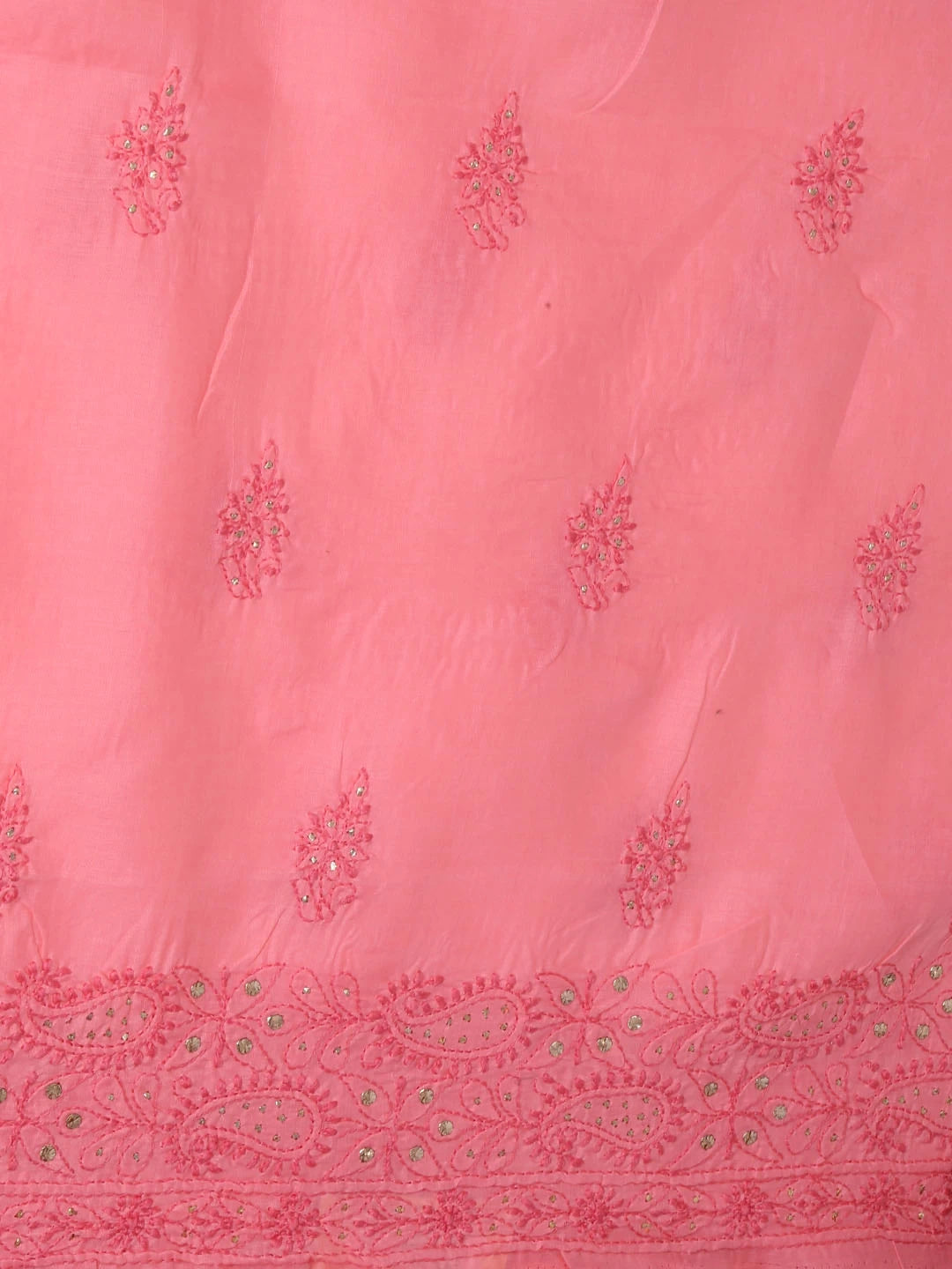 Ada Hand Embroidered Carrot Pink Cotton Lucknowi Chikankari Unstitched Kurta Piece With Muqaish Work 01A322819
