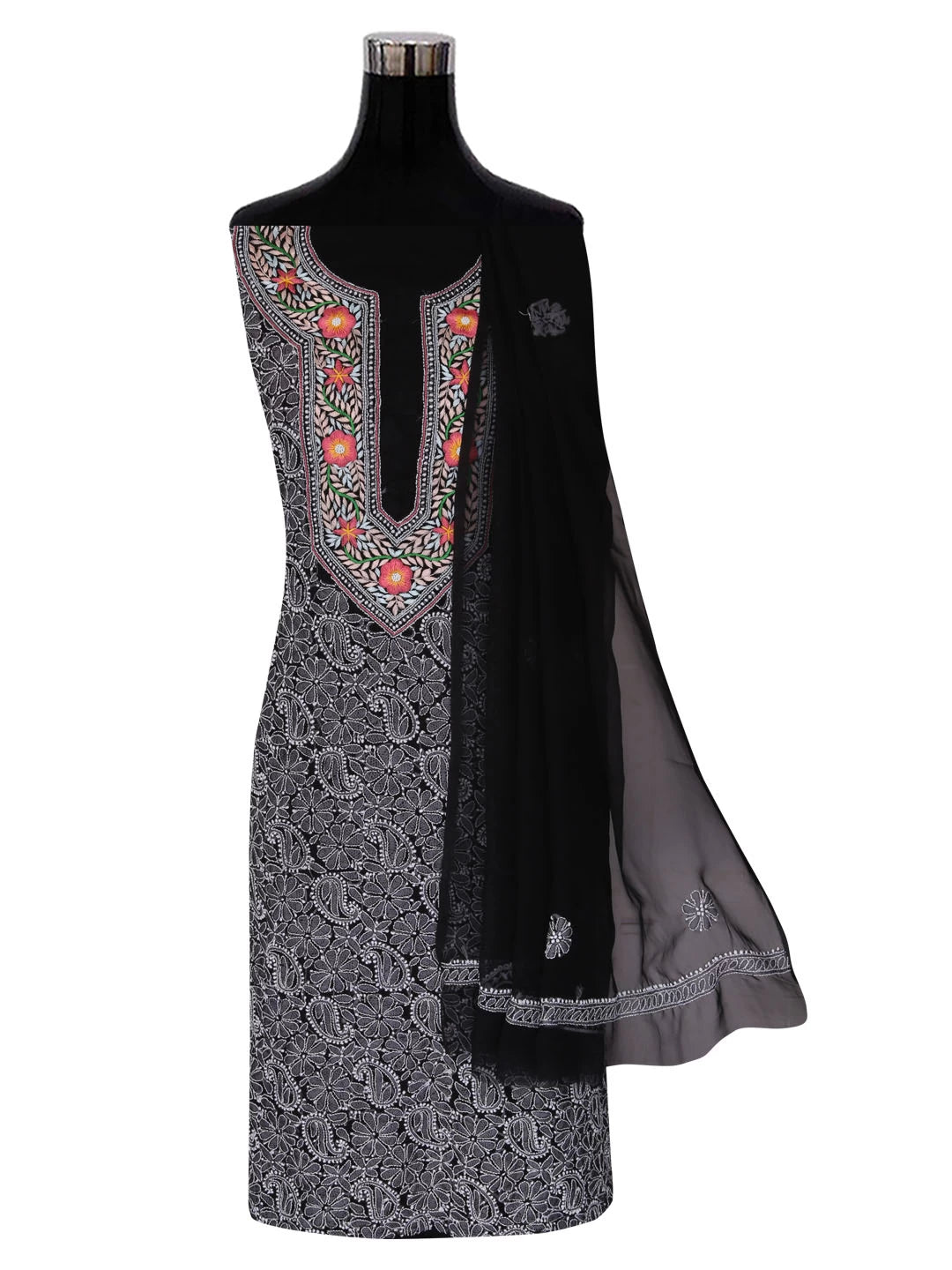 Ada Hand Embroidered Black Georgette Lucknowi Chikankari Unstitched Suit Piece With Parsi Work A211260