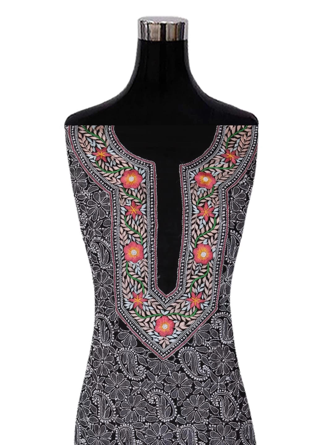 Ada Hand Embroidered Black Georgette Lucknowi Chikankari Unstitched Suit Piece With Parsi Work A211260