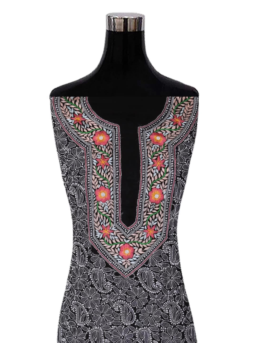 Ada Hand Embroidered Black Georgette Lucknowi Chikankari Unstitched Suit Piece With Parsi Work A211260