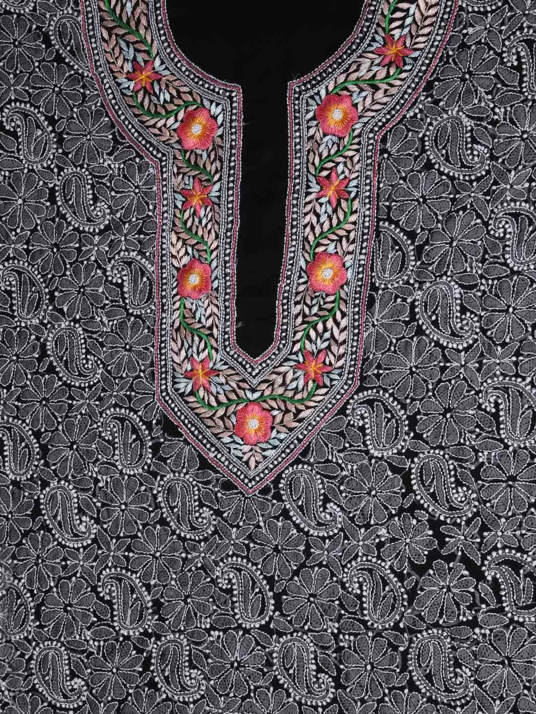 Ada Hand Embroidered Black Georgette Lucknowi Chikankari Unstitched Suit Piece With Parsi Work A211260