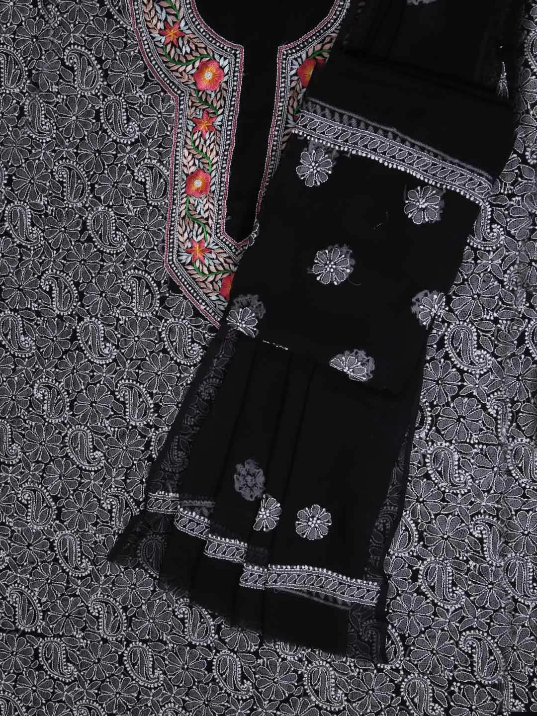 Ada Hand Embroidered Black Georgette Lucknowi Chikankari Unstitched Suit Piece With Parsi Work A211260