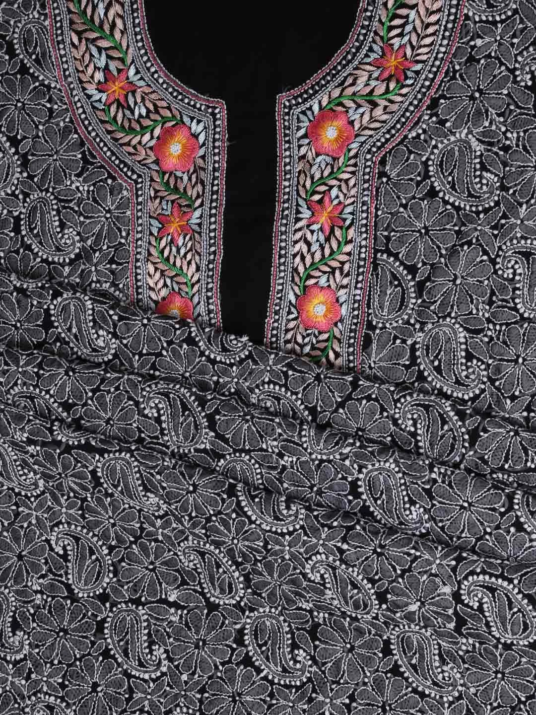 Ada Hand Embroidered Black Georgette Lucknowi Chikankari Unstitched Suit Piece With Parsi Work A211260
