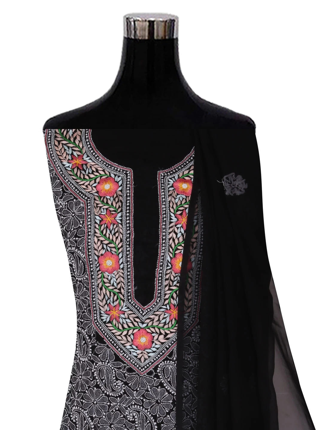 Ada Hand Embroidered Black Georgette Lucknowi Chikankari Unstitched Suit Piece With Parsi Work A211260