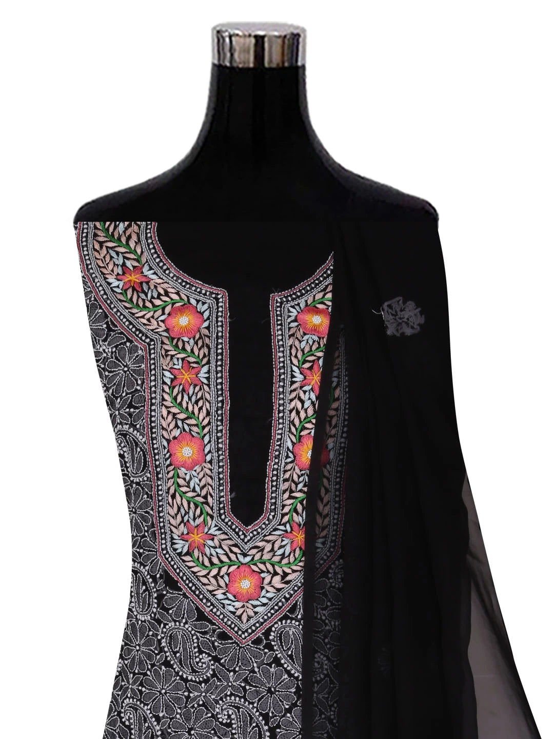 Ada Hand Embroidered Black Georgette Lucknowi Chikankari Unstitched Suit Piece With Parsi Work A211260