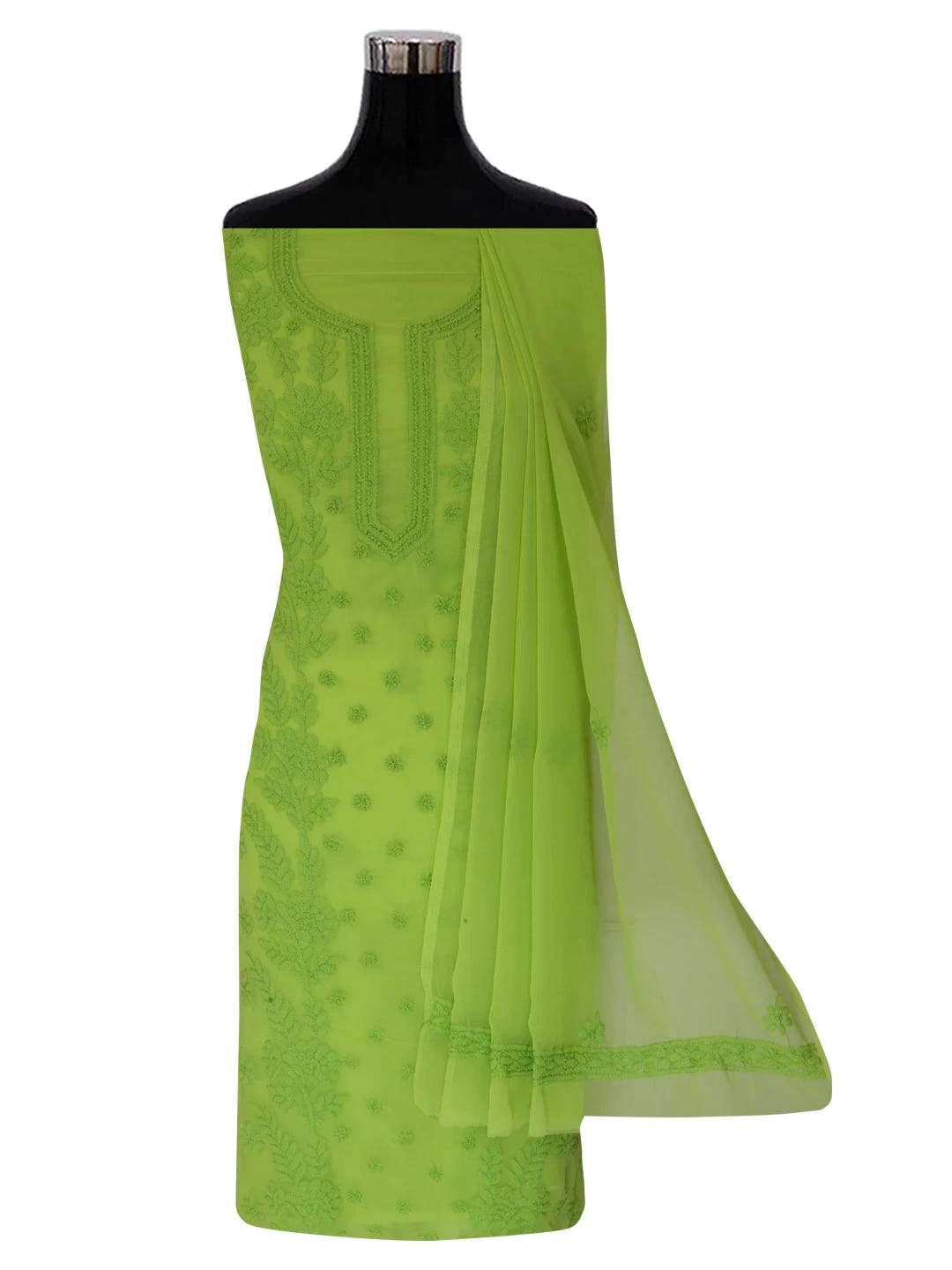 Ada Hand Embroidered Green Georgette Lucknowi Chikankari Unstitched Suit Piece A211263