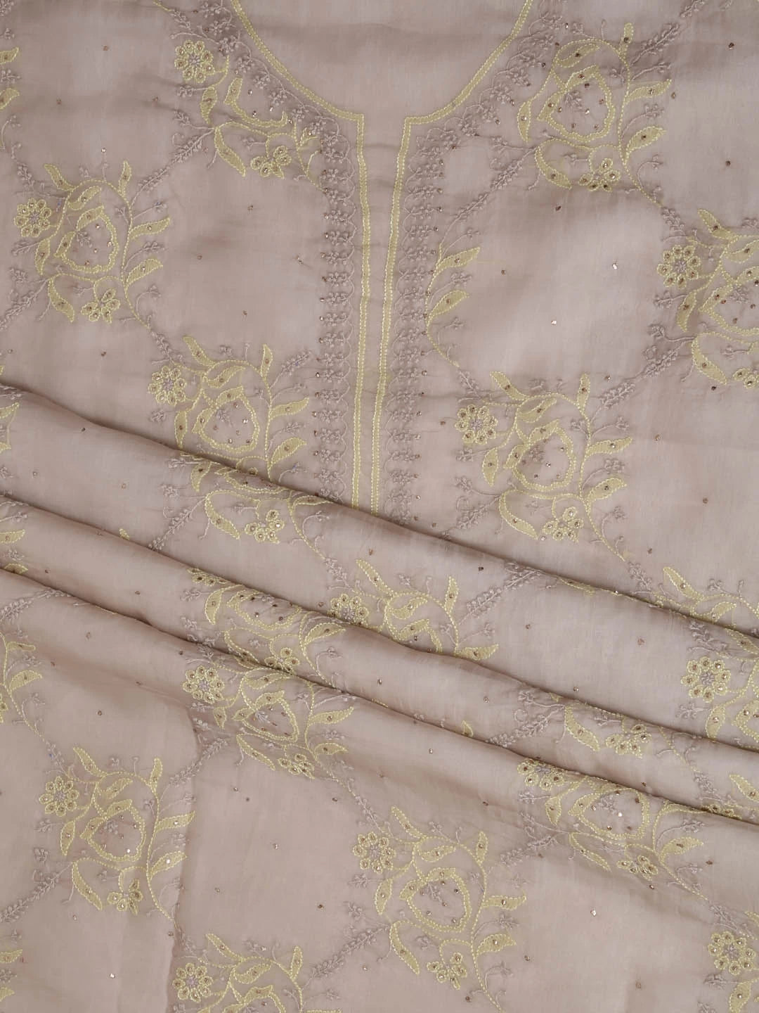 Ada Hand Embroidered Greige Organza Lucknowi Chikankari Unstitched Kurta Dupatta Set With Mukaish Work 01A384515