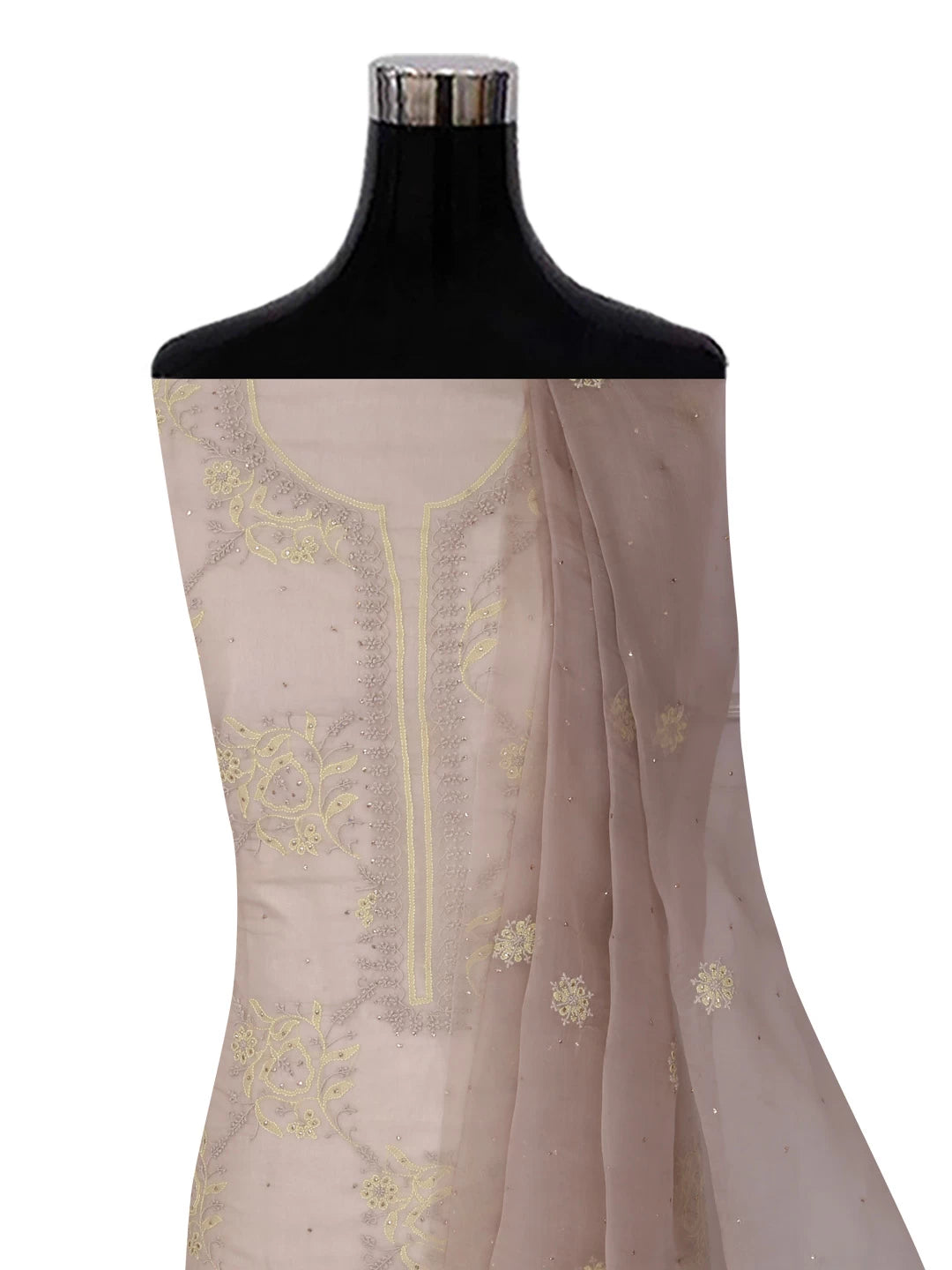 Ada Hand Embroidered Greige Organza Lucknowi Chikankari Unstitched Kurta Dupatta Set With Mukaish Work 01A384515