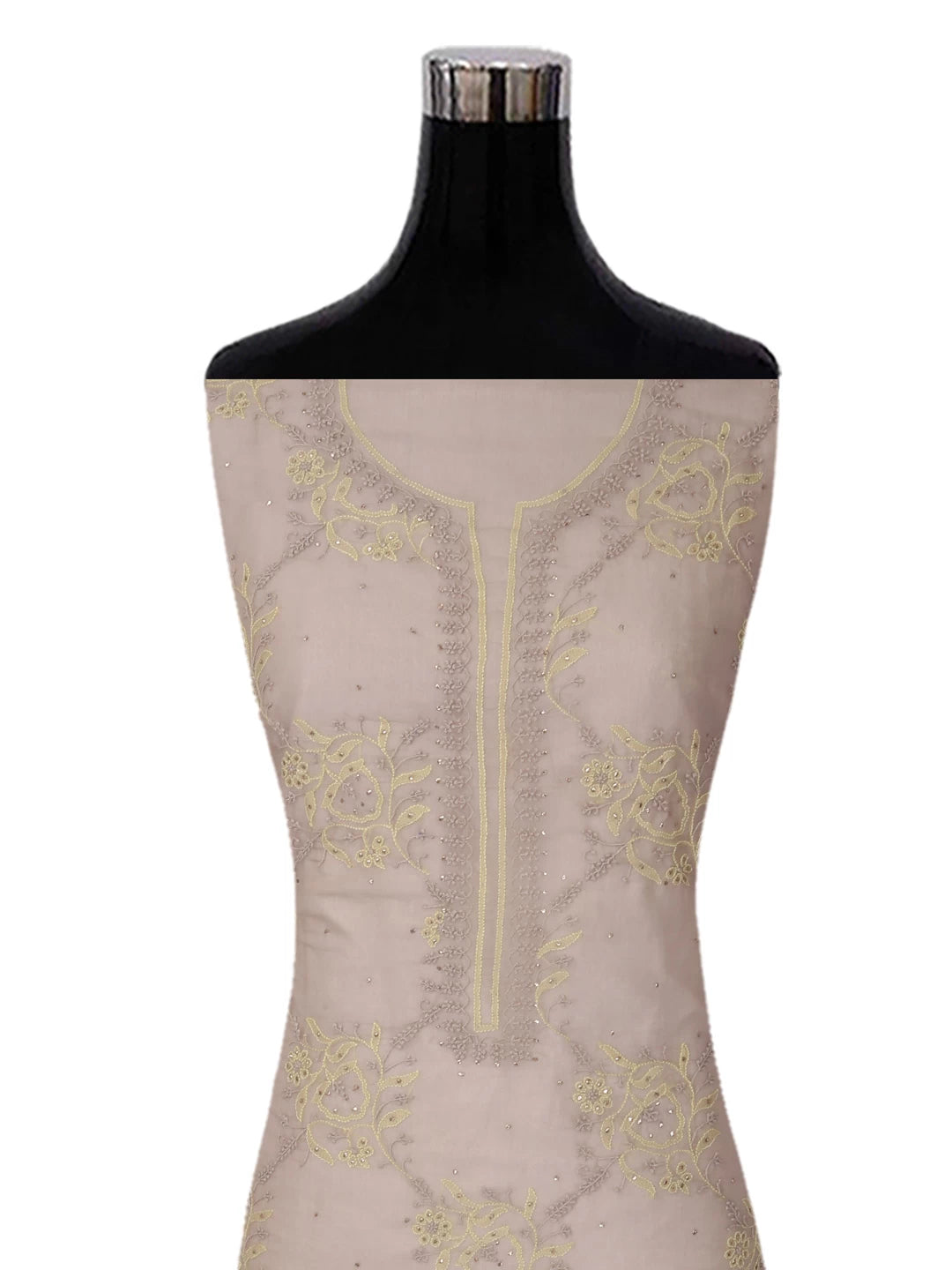 Ada Hand Embroidered Greige Organza Lucknowi Chikankari Unstitched Kurta Dupatta Set With Mukaish Work 01A384515