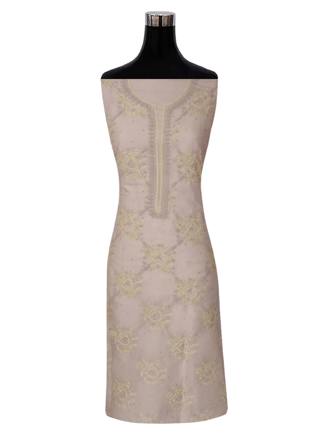 Ada Hand Embroidered Greige Organza Lucknowi Chikankari Unstitched Kurta Dupatta Set With Mukaish Work 01A384515