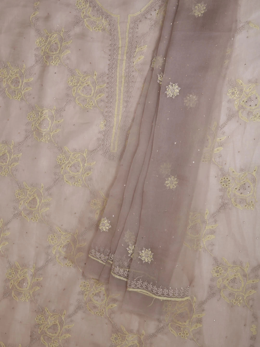 Ada Hand Embroidered Greige Organza Lucknowi Chikankari Unstitched Kurta Dupatta Set With Mukaish Work 01A384515