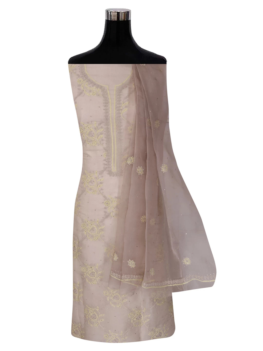 Ada Hand Embroidered Greige Organza Lucknowi Chikankari Unstitched Kurta Dupatta Set With Mukaish Work 01A384515