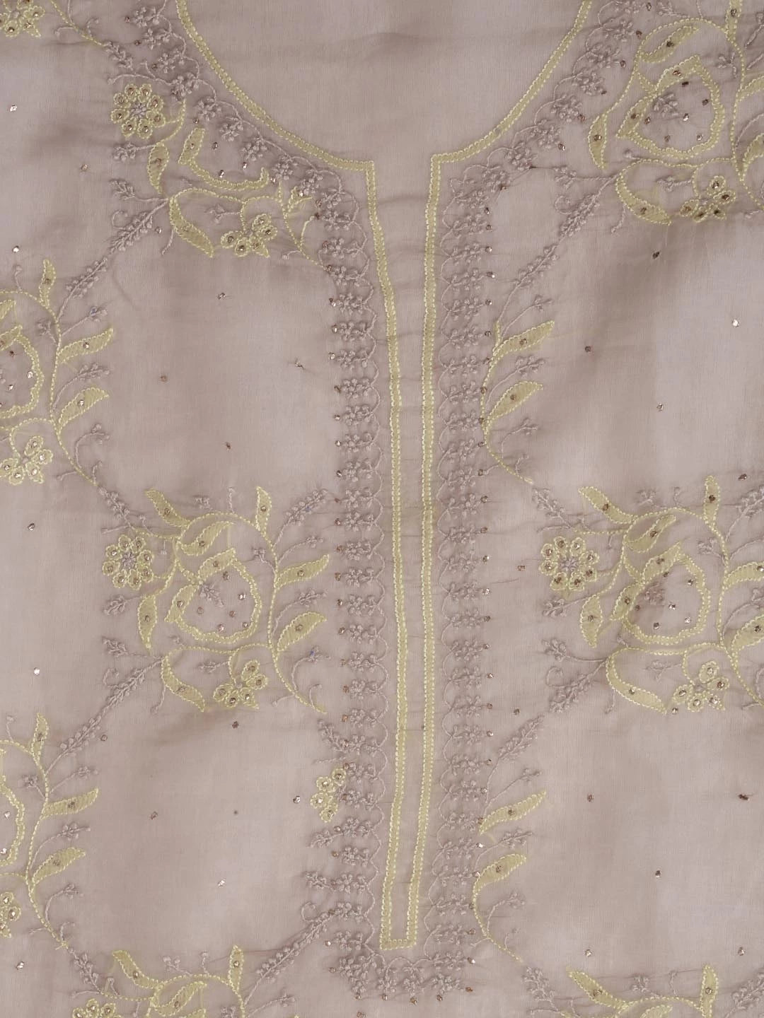 Ada Hand Embroidered Greige Organza Lucknowi Chikankari Unstitched Kurta Dupatta Set With Mukaish Work 01A384515