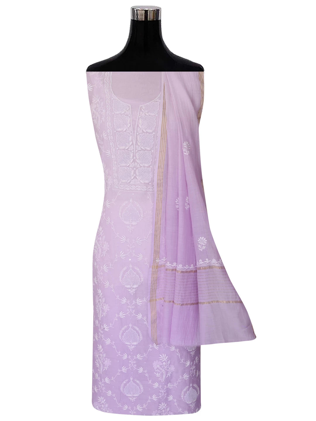 Ada Hand Embroidered Lavender Ombre Shade Chanderi Lucknowi Chikankari Unstitched Kurta Dupatta Set With Cutdana Work 01A404531