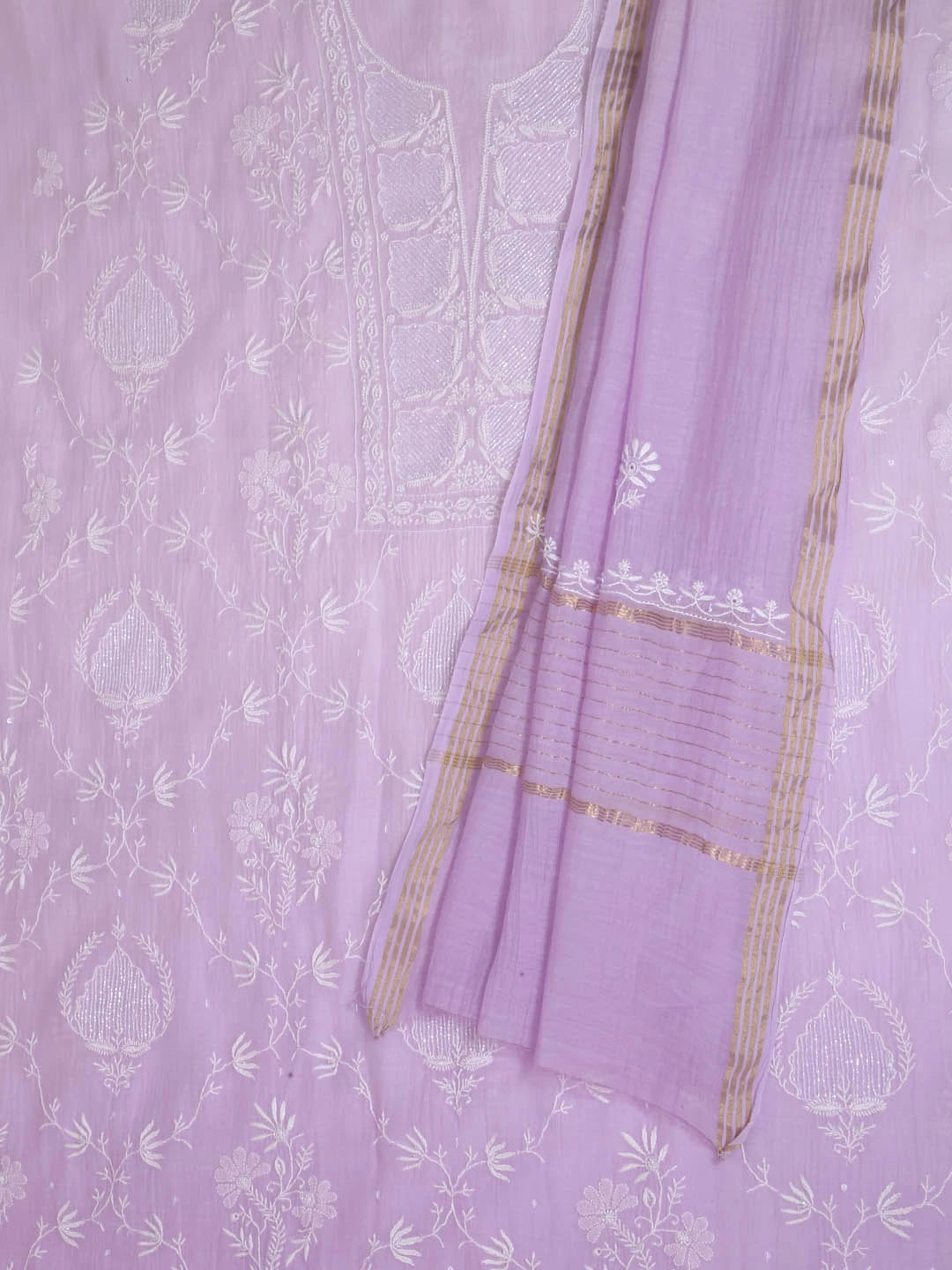 Ada Hand Embroidered Lavender Ombre Shade Chanderi Lucknowi Chikankari Unstitched Kurta Dupatta Set With Cutdana Work 01A404531