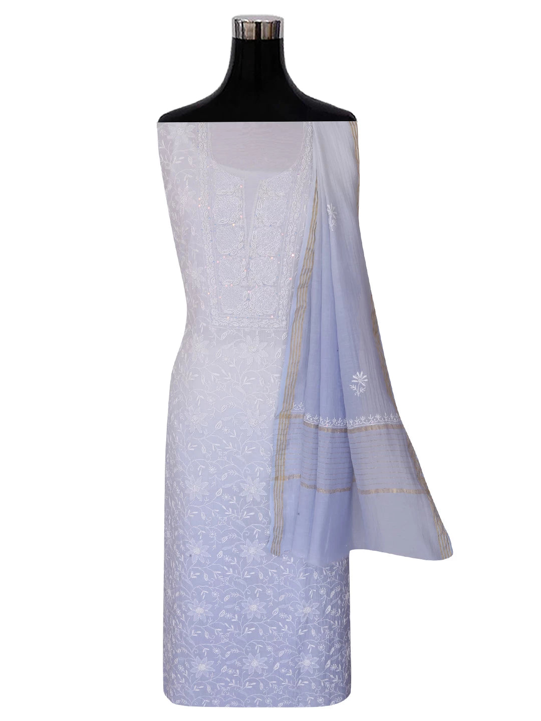 Ada Hand Embroidered Ice Blue Ombre Shade Chanderi Lucknowi Chikankari Unstitched Kurta Dupatta Set With Cutdana Work 01A404532