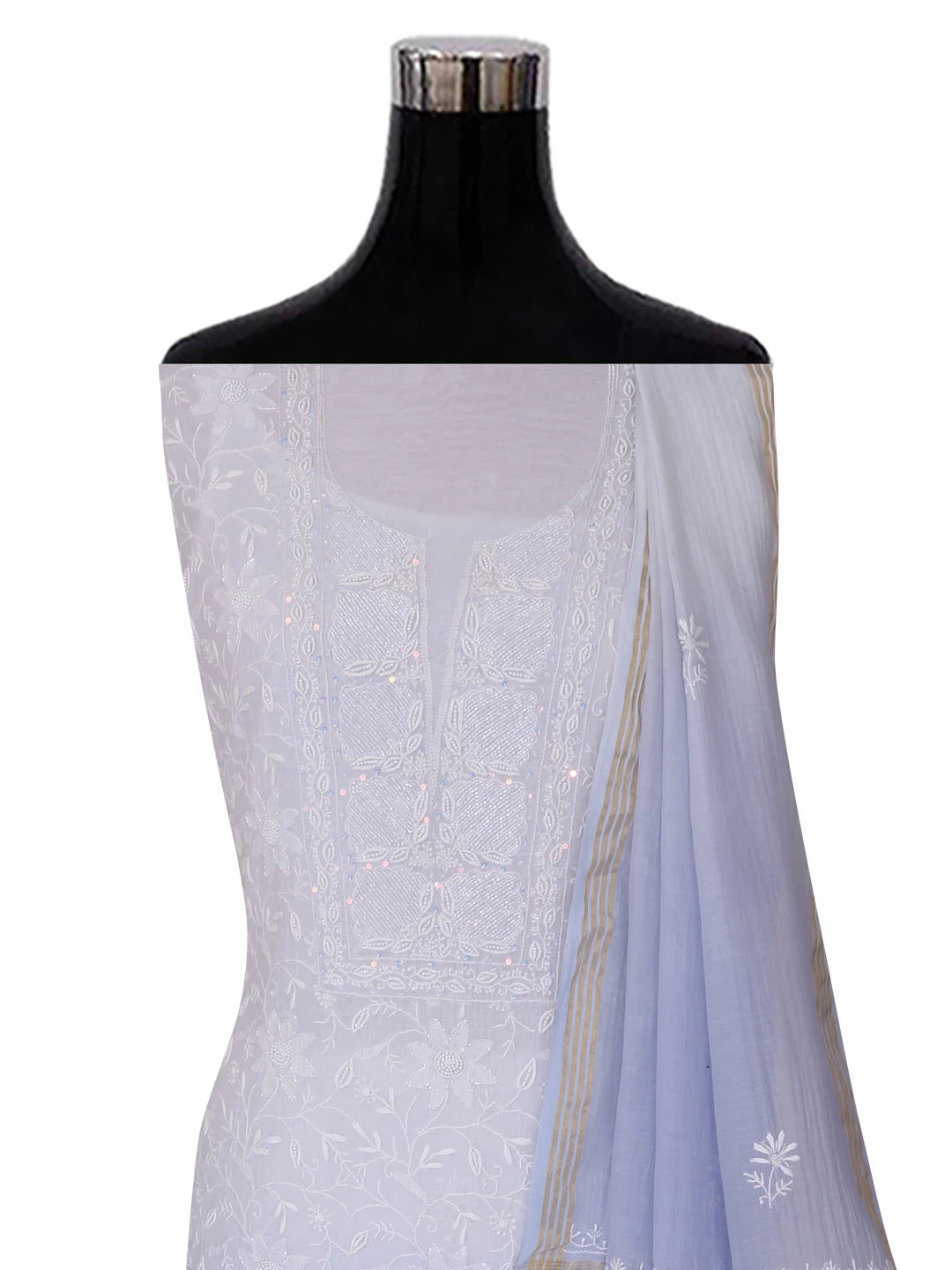 Ada Hand Embroidered Ice Blue Ombre Shade Chanderi Lucknowi Chikankari Unstitched Kurta Dupatta Set With Cutdana Work 01A404532