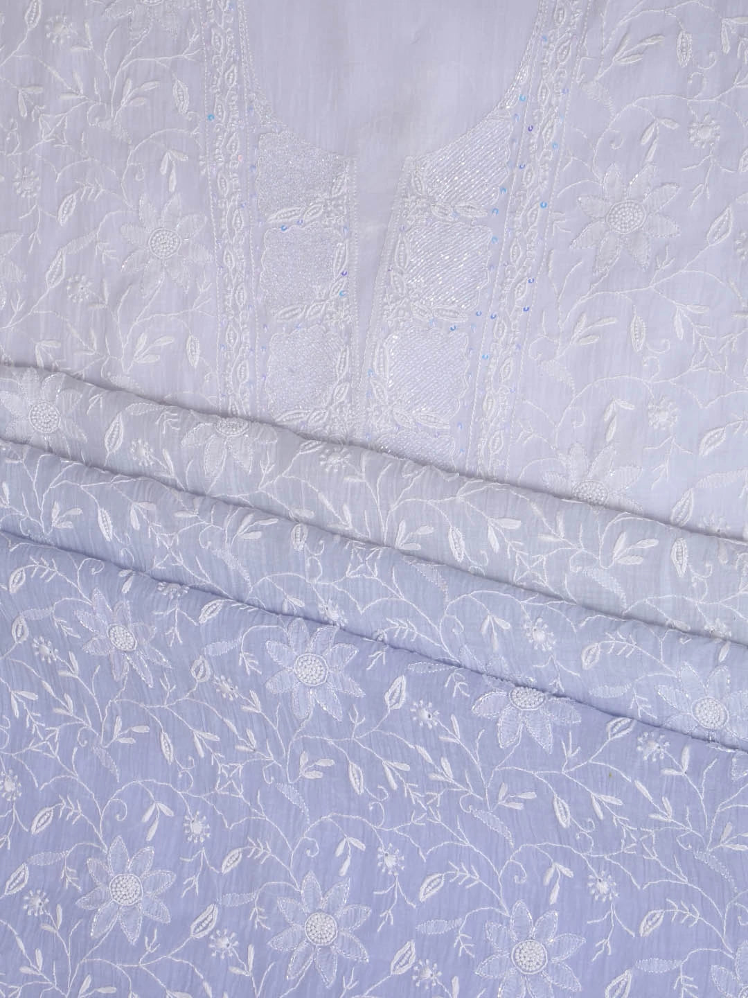 Ada Hand Embroidered Ice Blue Ombre Shade Chanderi Lucknowi Chikankari Unstitched Kurta Dupatta Set With Cutdana Work 01A404532