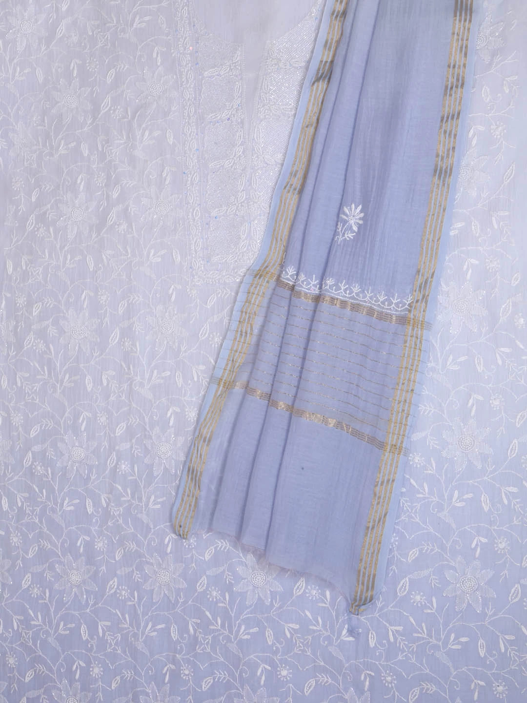 Ada Hand Embroidered Ice Blue Ombre Shade Chanderi Lucknowi Chikankari Unstitched Kurta Dupatta Set With Cutdana Work 01A404532