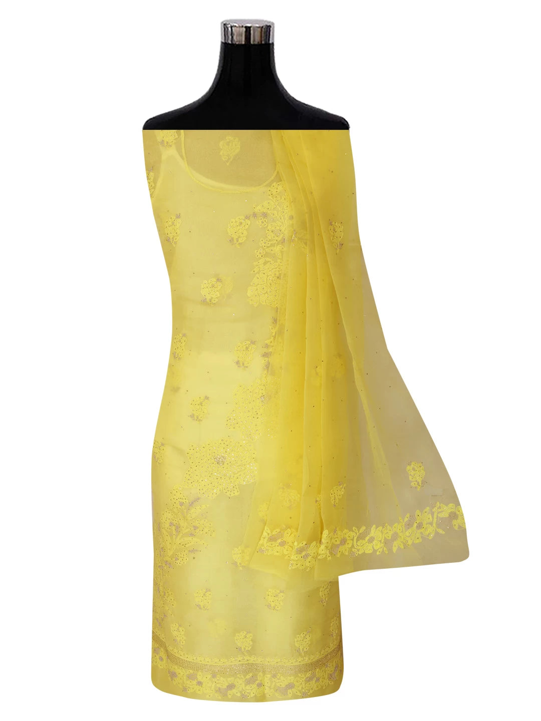 Ada Hand Embroidered Yellow Organza Lucknowi Chikankari Unstitched Kurta Dupatta Set With Mukaish Work 01A376298